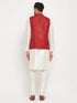 Vastramay Men's Maroon Matka Silk Nehru Jacket With Cream Silk Blend Kurta and Pant style Pyjama Set